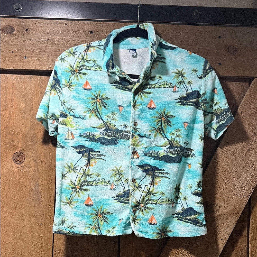 Kids Tropical Island Print Terry Cloth Button Down Shirt